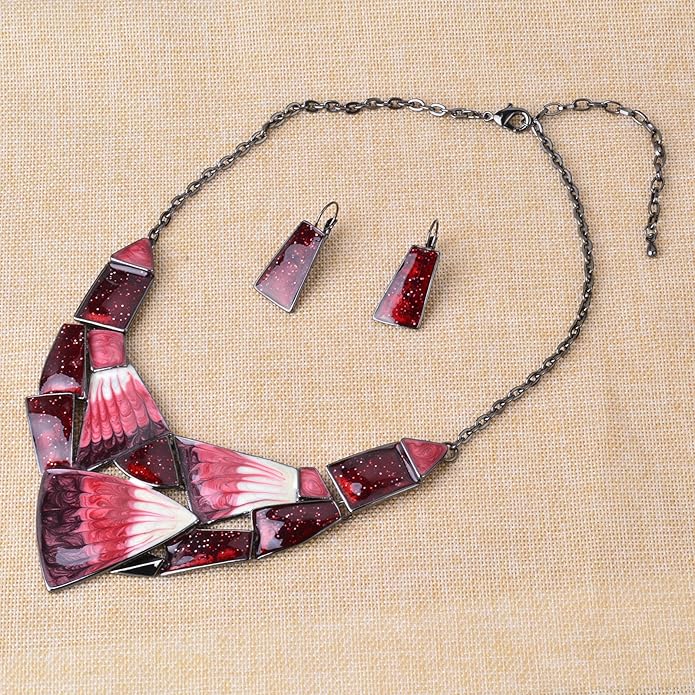 Irregular Enamel Triangle Shape Collar Bib Statement Necklace Earrings Set Women Bridal Jewelry