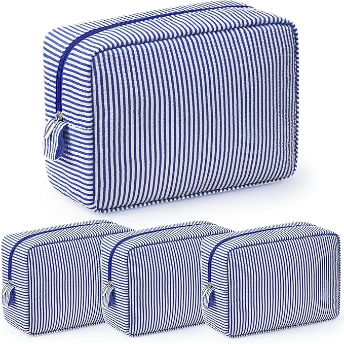 Sanwuta 3 Pcs Seersucker Makeup Bags Seersucker Cosmetic Bags Striped Women Large Travel Toiletry Organizer Preppy Storage Pouch for Embroidery Wedding Bridesmaid Gifts(Navy Blue)
