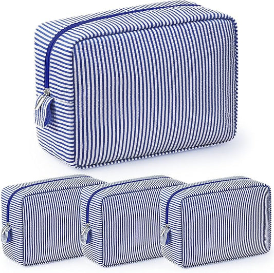 Sanwuta 3 Pcs Seersucker Makeup Bags Seersucker Cosmetic Bags Striped Women Large Travel Toiletry Organizer Preppy Storage Pouch for Embroidery Wedding Bridesmaid Gifts(Navy Blue)