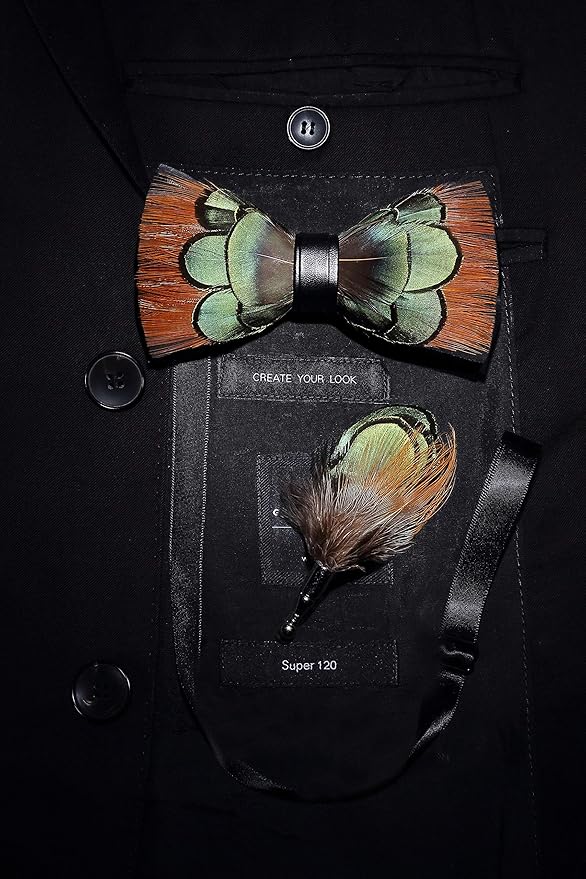 RBOCOTT Handmade Feather Pre-tied Bow tie and Brooch Sets for Men