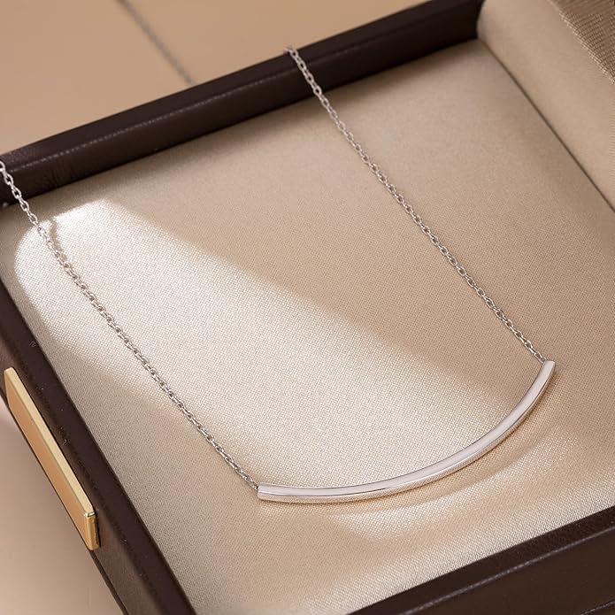 SLUYNZ Solid 925 Sterling Silver Minimalist Bar Choker Necklace for Women Teens Curved Tube Bar Pendant Necklace