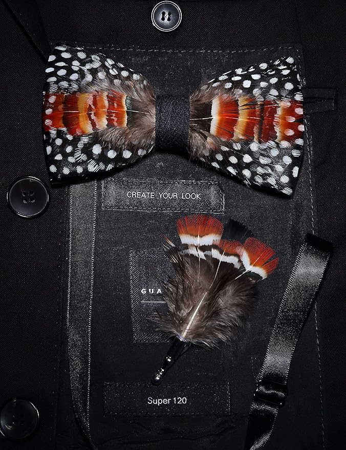RBOCOTT Handmade Feather Pre-tied Bow tie and Brooch Sets for Men