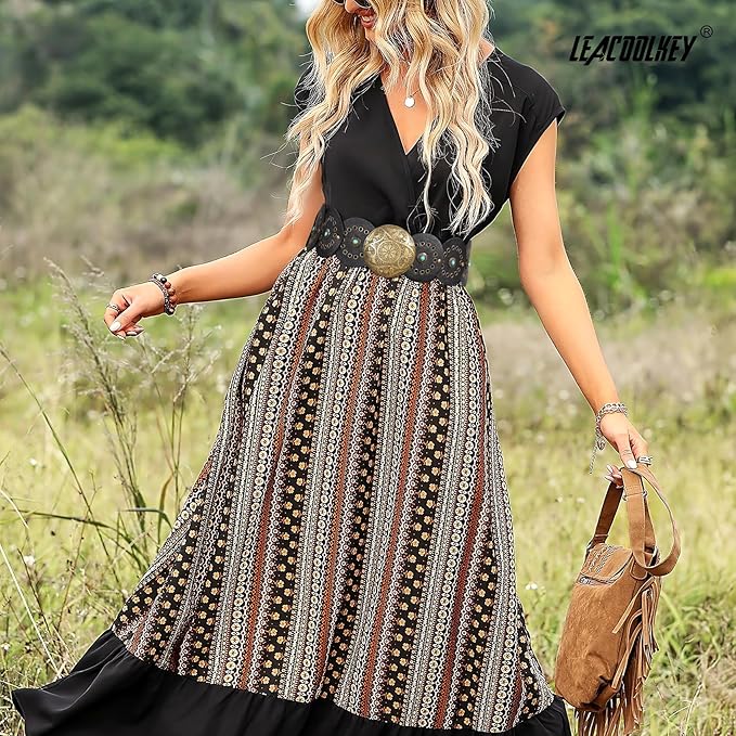 LEACOOLKEY Women's Boho Disc Belt Wide Western Leather Belt Vintage Concho Waist Belts for Dress Jeans