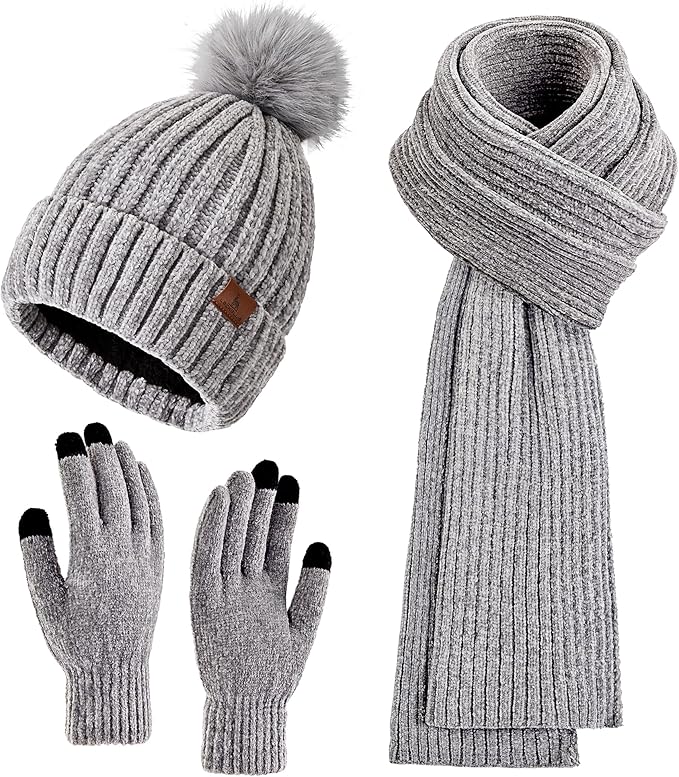 Womens Winter Beanie Hat Scarf Touchscreen Gloves Set Knit Warm Skull Caps Long Neck Scarves for Women Men