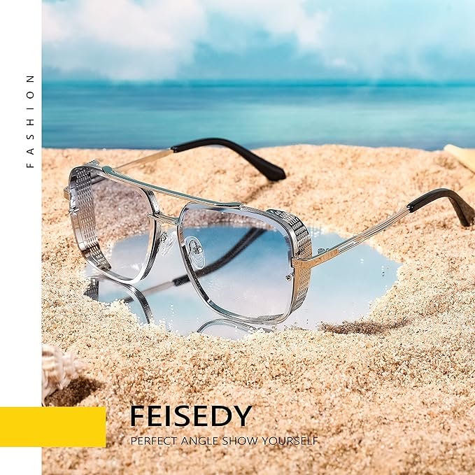 FEISEDY Sunglasses Mens Women Vintage Pilot Square Trendy Metal Steampunk Fishing Driving Sun Glasses B2894