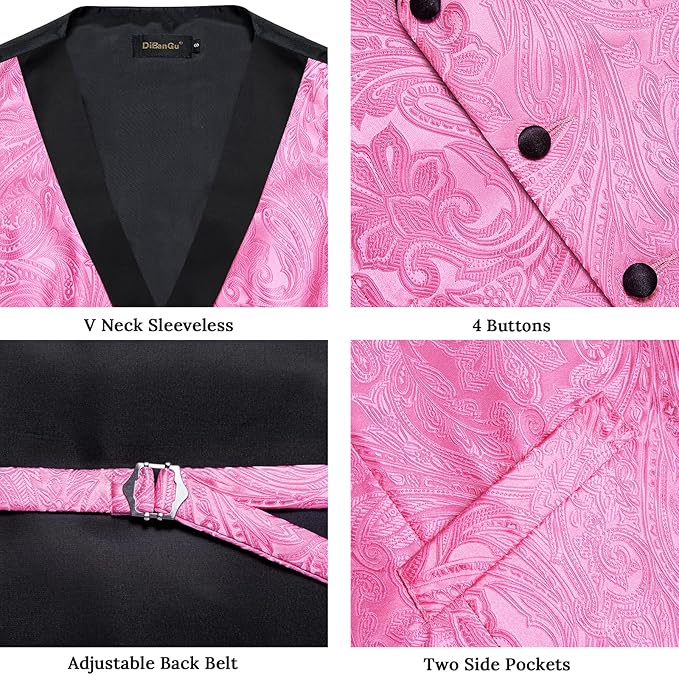 DiBanGu Mens Paisley Suit Vest Silk Jacquard Waistcoat and Necktie Set Formal Shawl Collar Dress Vest 7PCS for Wedding Party