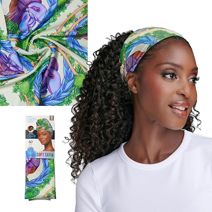 KISS Colors & Care Limited Edition BIFC Premium Soft Satin Wrap Scarf, Smooth & Comfortable All Day Wear, Minimize Frizz, Prevent Breakage, 60” X 16" Extra-Long Scarf - Jacques Agbobly