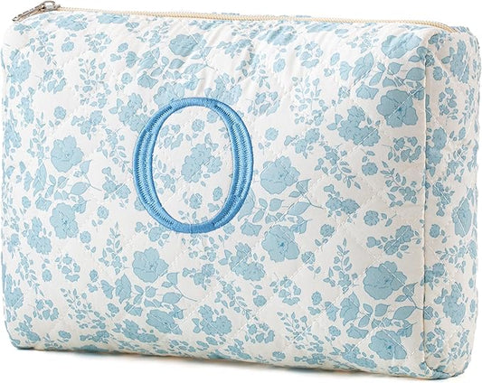 HBselect Initial Quilted Makeup Bag, Cotton Large Travel Makeup Bag, Cute Floral Coquette Make up Bag Cosmetic Bag Toiletry Bag for Women Girls O