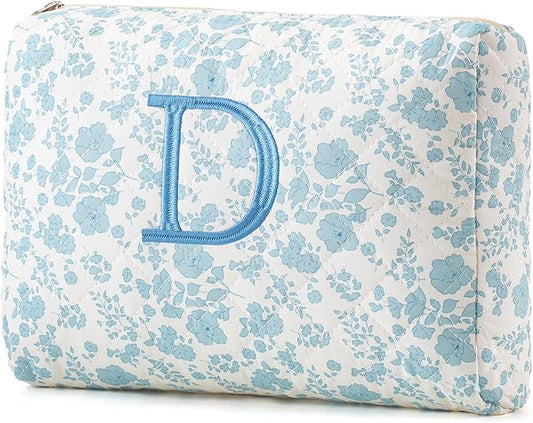 HBselect Initial Quilted Makeup Bag, Cotton Large Travel Makeup Bag, Cute Floral Coquette Make up Bag Cosmetic Bag Toiletry Bag for Women Girls D