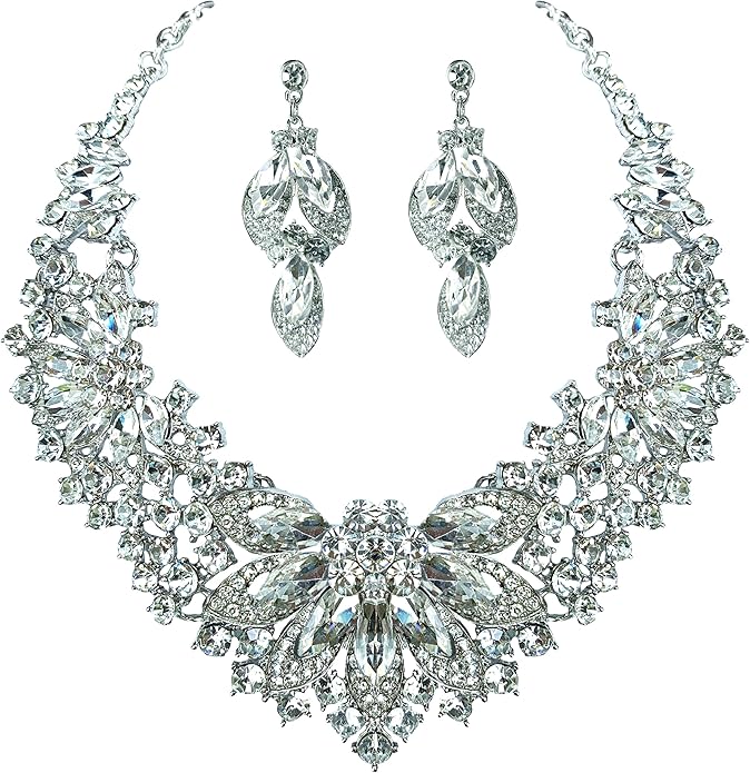 Women Jewelry Set Rhinestone Crystal Green Bride Statement Choker Necklace Teardrop Cluster Dangle Earrings Set for Wedding Party