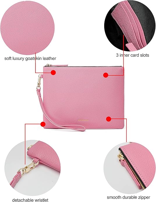 DORIS&JACKY Lambskin Leather Wristlet Clutch Purse for Women Soft Designer Slim Cell Phone Pouch Bag with Detachable Strap