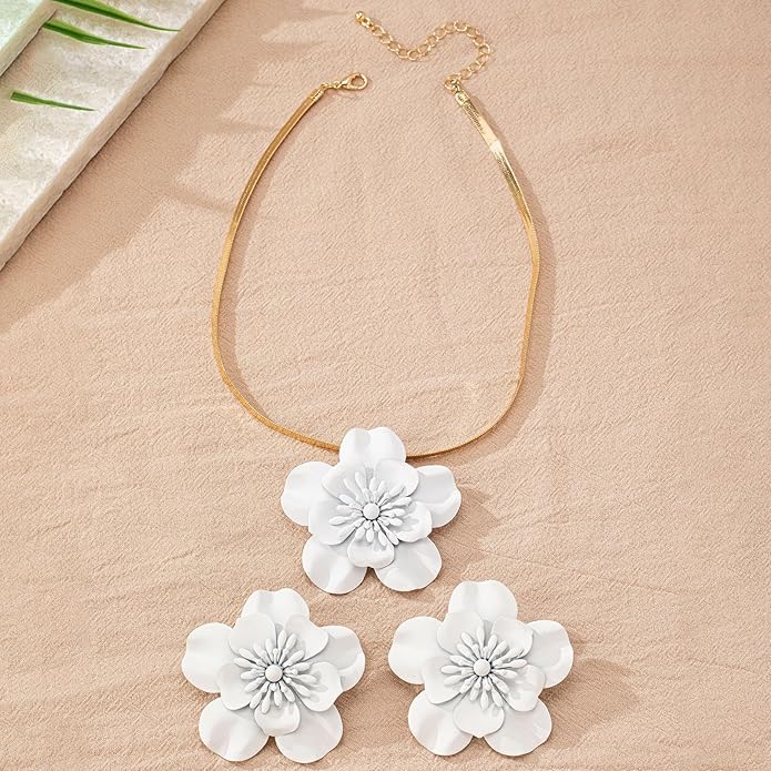 Vintage Flower Necklace Earring Set Gold Snake Chain Necklace Bohemian Red Flowers Choker Necklaces Hypoallergenic Statement Flower Stud Earrings Elegant Bridal Wedding Summer Beach Jewelry