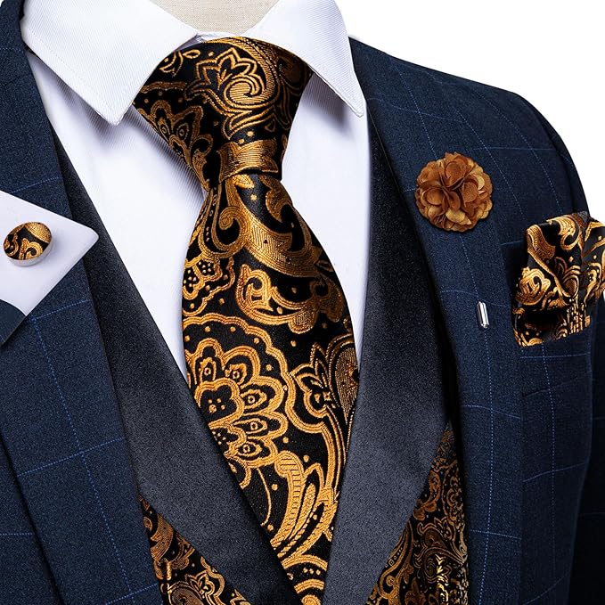 DiBanGu Mens Paisley Suit Vest Silk Jacquard Waistcoat and Necktie Set Formal Shawl Collar Dress Vest 7PCS for Wedding Party