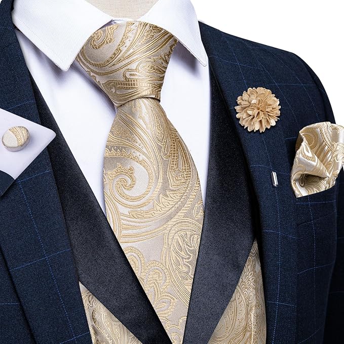 DiBanGu Mens Paisley Suit Vest Silk Jacquard Waistcoat and Necktie Set Formal Shawl Collar Dress Vest 7PCS for Wedding Party