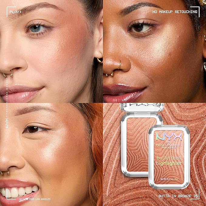 NYX PROFESSIONAL MAKEUP Buttermelt Highlighter, Powder Highlighter Makeup, With Up to 12H Wear and High Impact Glow - 35 Butta In Bronze (Bronzed Gold)