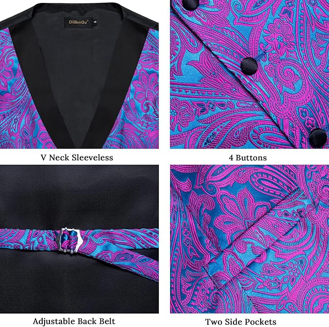 DiBanGu Mens Paisley Suit Vest Silk Jacquard Waistcoat and Necktie Set Formal Shawl Collar Dress Vest 7PCS for Wedding Party