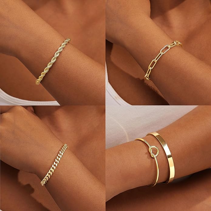 Gold Bracelets Set for Women Non Tarnish, 14K Gold Plated Sterling Silver Chunky Cuff Bracelet Stackable Gold Bangles Bracelet for Women Trendy Fashion Accessories Tie Knot Cuban Rope Paperclip Beaded Bracelet Stack Jewelry Valentines Day Gifts