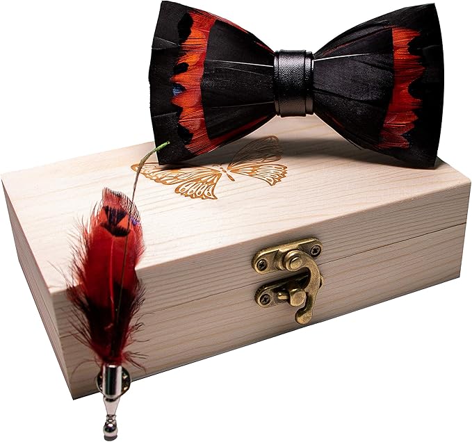 RBOCOTT Handmade Feather Pre-tied Bow tie and Brooch Sets for Men