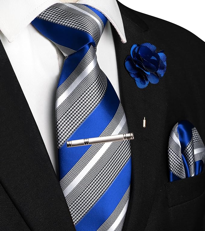 JEMYGINS Mens Striped Tie and Lapel Pin Necktie Pocket Square and Tie Clip Sets for Business Casual 4PCS