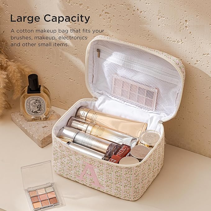 HBselect Initial Quilted Makeup Bag, Pink Cosmetic Travel Toiletry Bag, Flowers Coquette Zipper Make Up Pouch Organizer Teen Girl Gift Trendy Stuff C