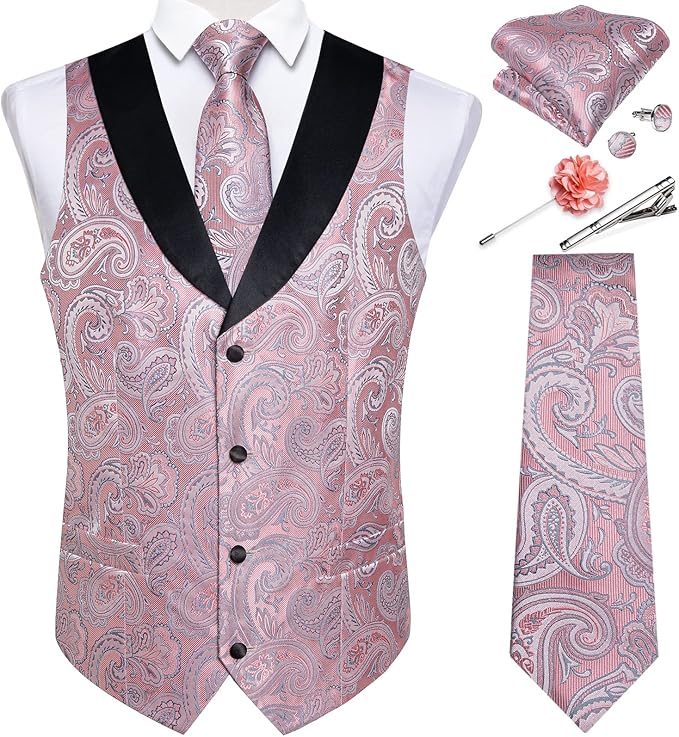 DiBanGu Mens Paisley Suit Vest Silk Jacquard Waistcoat and Necktie Set Formal Shawl Collar Dress Vest 7PCS for Wedding Party
