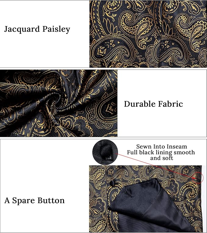 DiBanGu Mens Paisley Suit Vest Silk Jacquard Waistcoat and Necktie Set Formal Shawl Collar Dress Vest 7PCS for Wedding Party