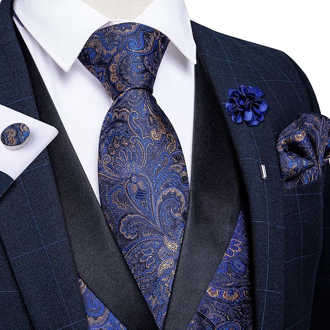 DiBanGu Mens Paisley Suit Vest Silk Jacquard Waistcoat and Necktie Set Formal Shawl Collar Dress Vest 7PCS for Wedding Party
