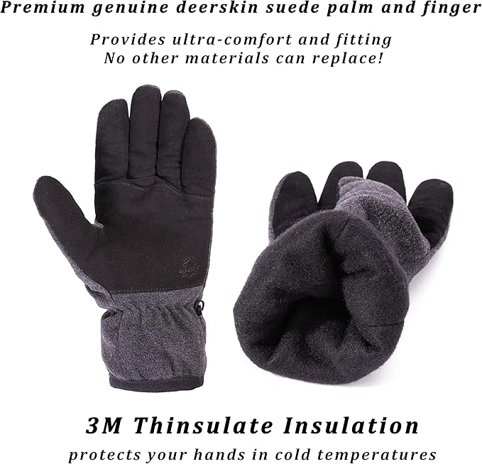 SKYDEER Winter Gloves with Soft Deerskin Suede Leather & Thermal Polar Fleece & Warm 3M Thinsulate Insulation (SD8661T)