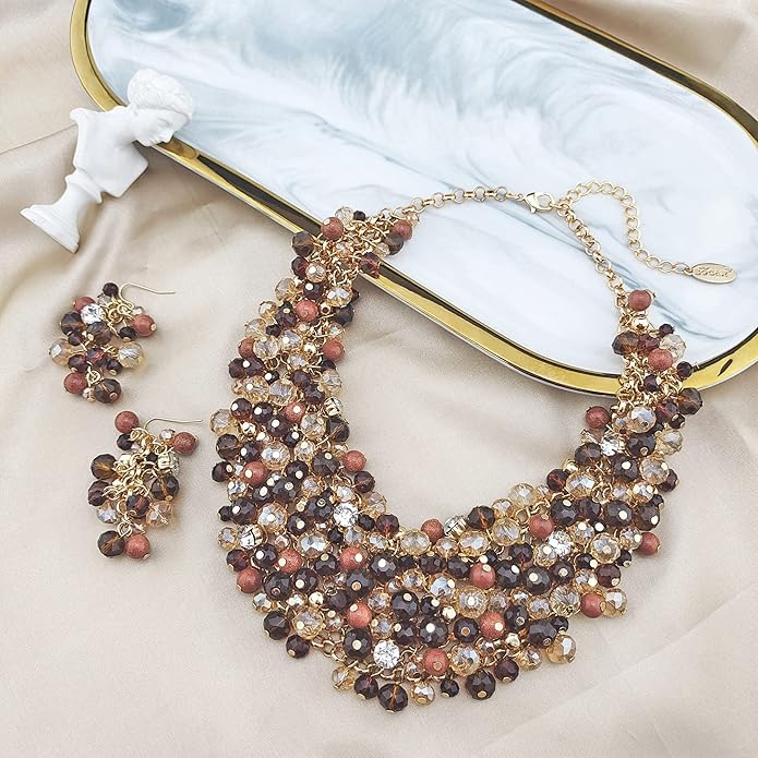 Bocar Fashion Crystal Chunky Collar Statement Necklace Earring Set for Women Gift (NK-10260)
