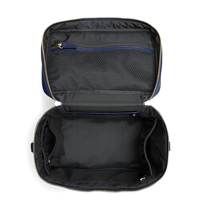 Leatherology Navy Blue XL Train Case – Full-Grain Leather Cosmetic Organizer with Spacious Interior, Removable Dividers, Water-Resistant Lining & D-Rings for Strap
