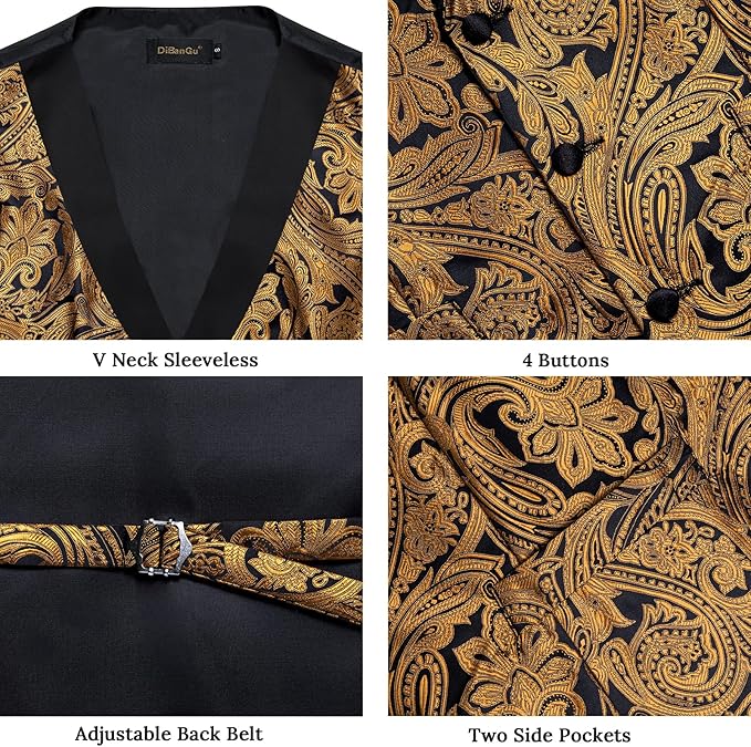 DiBanGu Mens Paisley Suit Vest Silk Jacquard Waistcoat and Necktie Set Formal Shawl Collar Dress Vest 7PCS for Wedding Party