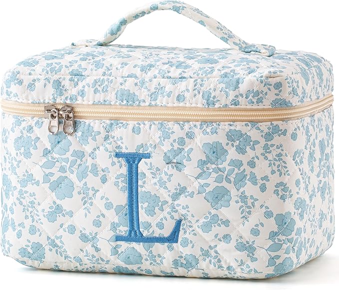 HBselect Initial Quilted Makeup Bag, Cotton Large Travel Makeup Bag, Cute Floral Coquette Make up Bag Cosmetic Bag Toiletry Bag for Women Girls L