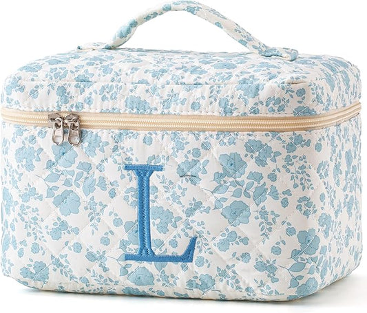 HBselect Initial Quilted Makeup Bag, Cotton Large Travel Makeup Bag, Cute Floral Coquette Make up Bag Cosmetic Bag Toiletry Bag for Women Girls L