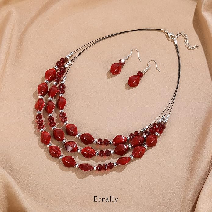 3 Layered Chunky Statement Necklace for Women Beaded Strand Necklaces with Earring Fashion Costumes Collar Necklace Jewelry Sets Gifts for Women