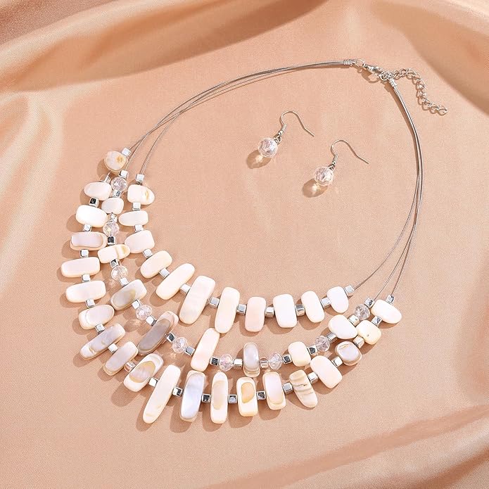 3 Layered Chunky Statement Necklace for Women Beaded Strand Necklaces with Earring Fashion Costumes Collar Necklace Jewelry Sets Gifts for Women