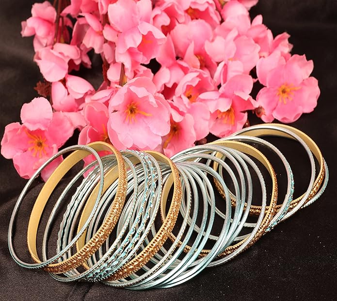 Touchstone Indian Metal Bangles for Women Gold Alloy Bracelets desi 2 Dozen Bangle Collection Bollywood Women's Jewelry Set Multi Stacking Wide Chunky Textured Golden Set of 24 in Gold or White Tone