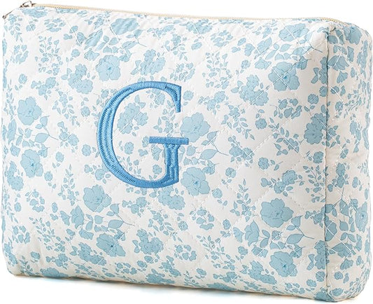 HBselect Initial Quilted Makeup Bag, Cotton Large Travel Makeup Bag, Cute Floral Coquette Make up Bag Cosmetic Bag Toiletry Bag for Women Girls G