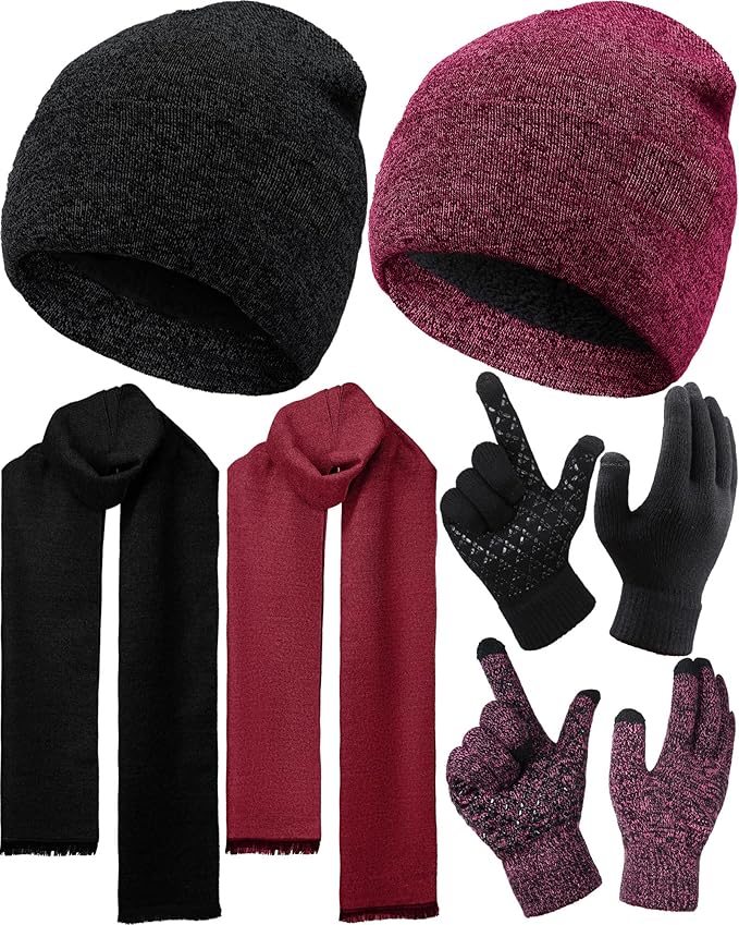 6 Pieces Women Men Knit Winter Warm Beanie Hat Touchscreen Gloves Scarf Set Fleece Lining Skull Caps Neck Scarves (Black, Wine Red)