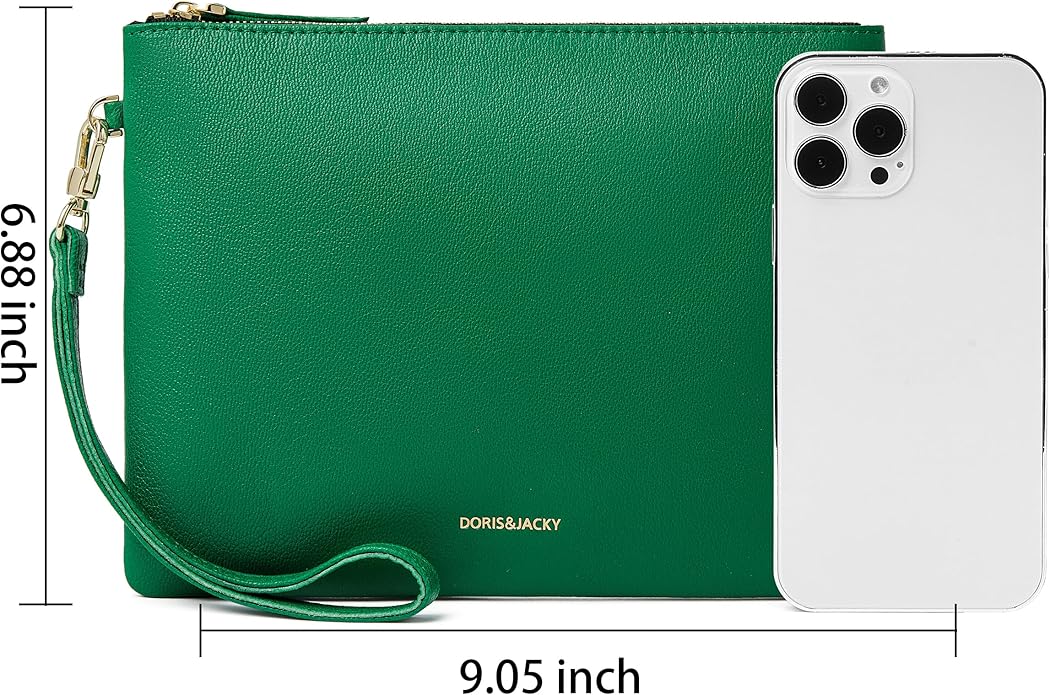 DORIS&JACKY Lambskin Leather Wristlet Clutch Purse for Women Soft Designer Slim Cell Phone Pouch Bag with Detachable Strap