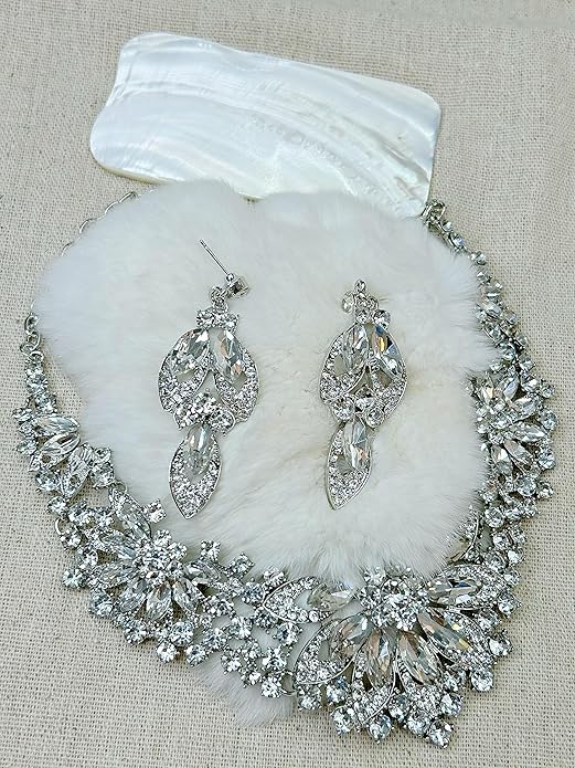 Women Jewelry Set Rhinestone Crystal Green Bride Statement Choker Necklace Teardrop Cluster Dangle Earrings Set for Wedding Party
