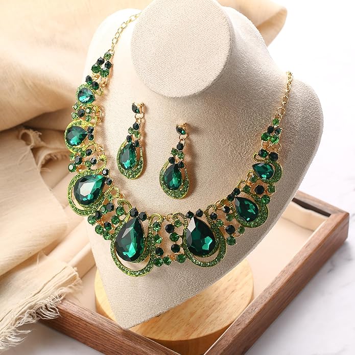 BriLove Women's Costume Fashion Crystal Teardrop Hollow Scroll Statement Necklace Dangle Earrings Set
