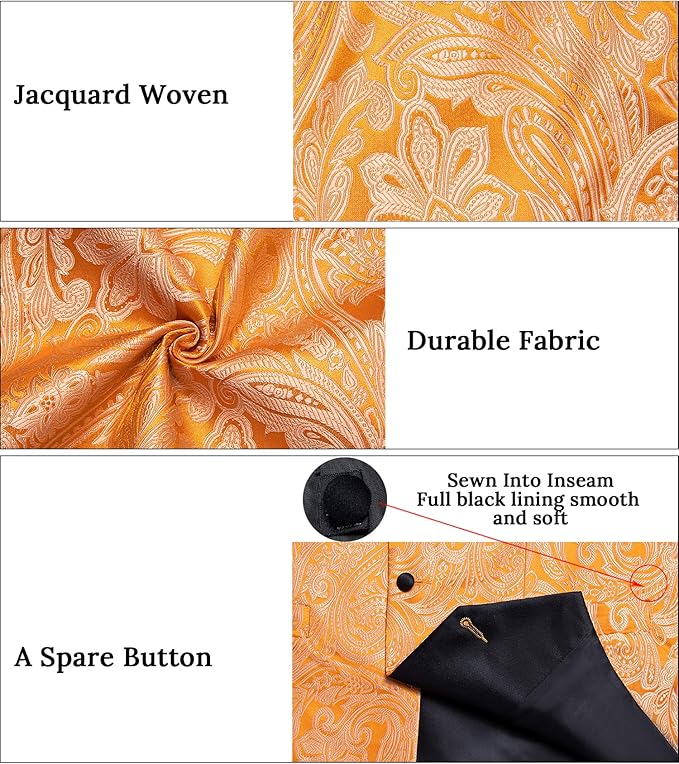 DiBanGu Mens Paisley Suit Vest Silk Jacquard Waistcoat and Necktie Set Formal Shawl Collar Dress Vest 7PCS for Wedding Party