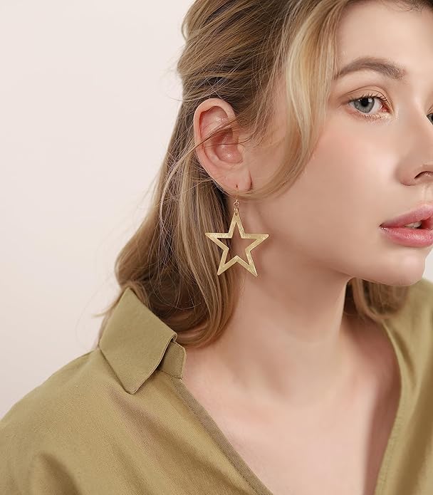 OZEL Gold Dangle Earrings for Women Brushed Finish, Matte Gold Statement Jewelry, 14k Gold Plated