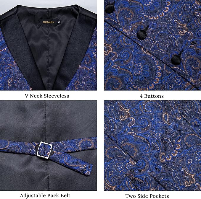 DiBanGu Mens Paisley Suit Vest Silk Jacquard Waistcoat and Necktie Set Formal Shawl Collar Dress Vest 7PCS for Wedding Party