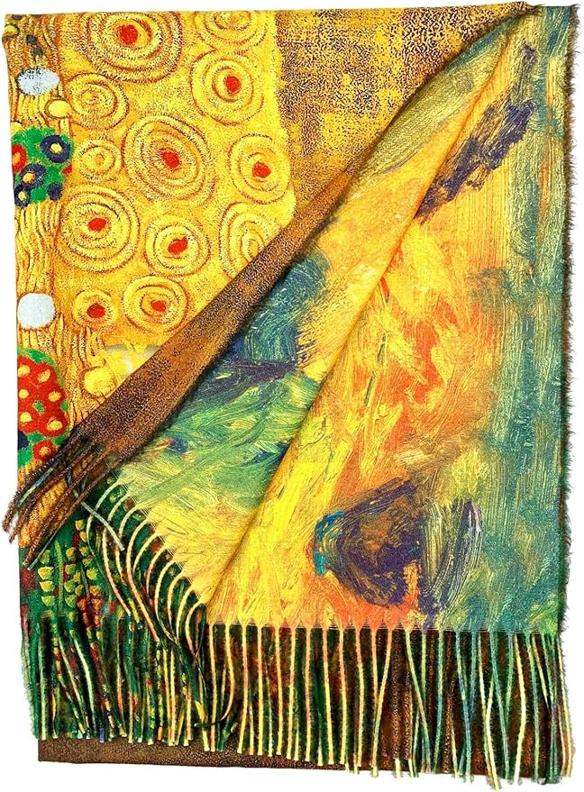Plum Feathers Super Soft Cashmere Feel Double Sided Reversible Art Shawl Scarf Van Gogh Monet Klimt Inspired