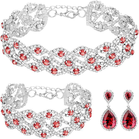 3/4 Pieces Women Jewelry Set Artificial Rhinestone Crystal Bride Statement Choker Necklace Tiara Crown Link Bangle Bracelet Teardrop Dangle Earrings Set