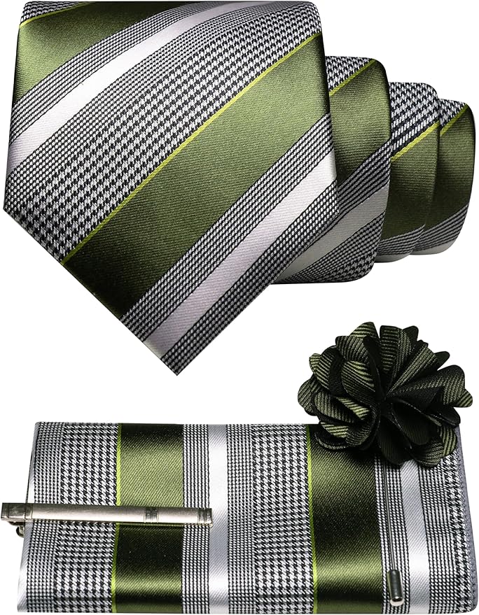 JEMYGINS Mens Striped Tie and Lapel Pin Necktie Pocket Square and Tie Clip Sets for Business Casual 4PCS