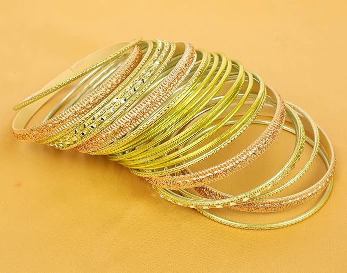 Touchstone Indian Metal Bangles for Women Gold Alloy Bracelets desi 2 Dozen Bangle Collection Bollywood Women's Jewelry Set Multi Stacking Wide Chunky Textured Golden Set of 24 in Gold or White Tone