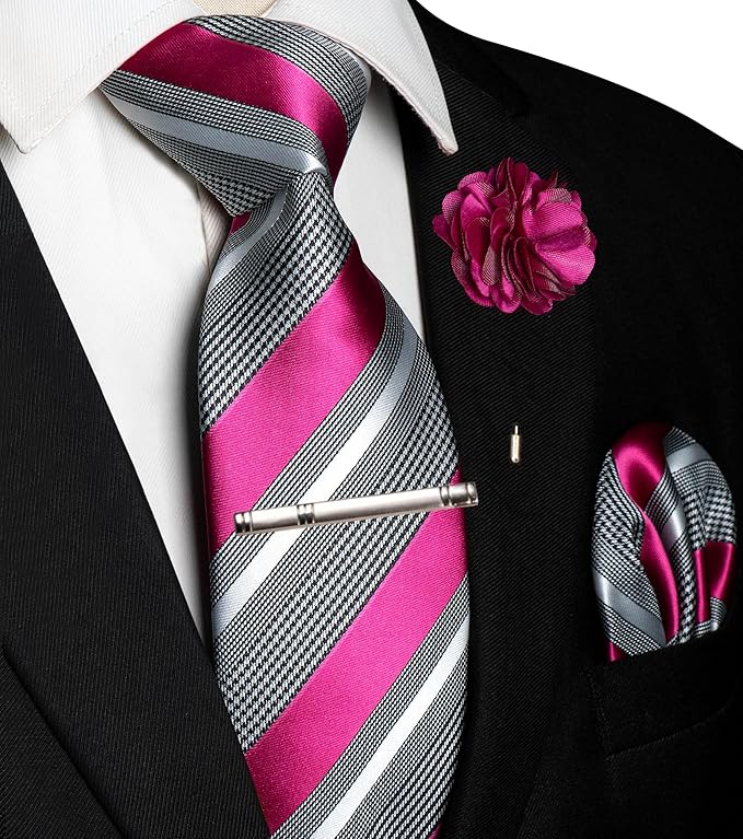 JEMYGINS Mens Striped Tie and Lapel Pin Necktie Pocket Square and Tie Clip Sets for Business Casual 4PCS