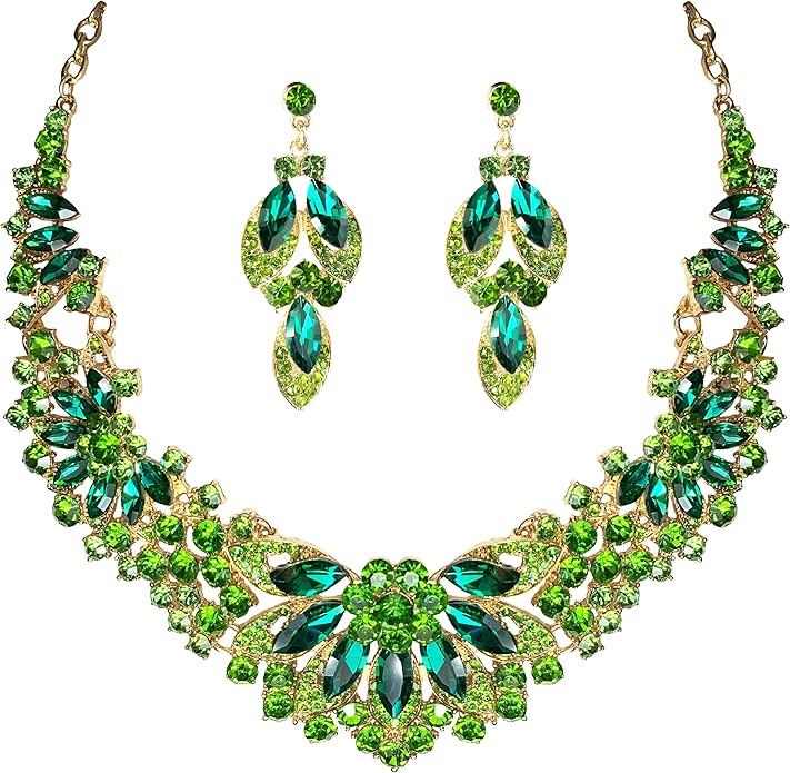 Women Jewelry Set Rhinestone Crystal Green Bride Statement Choker Necklace Teardrop Cluster Dangle Earrings Set for Wedding Party